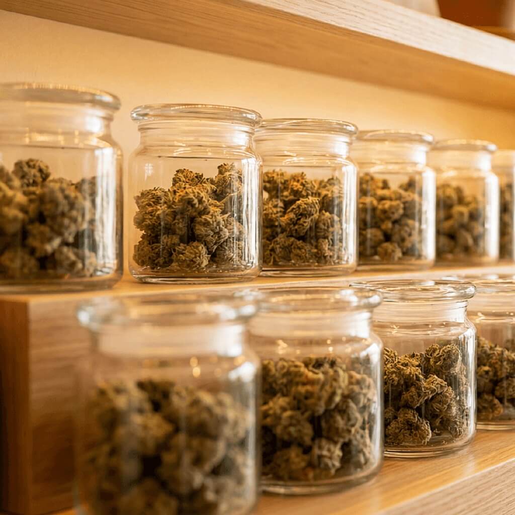 Gläser gefüllt mit Cannabis Blüten